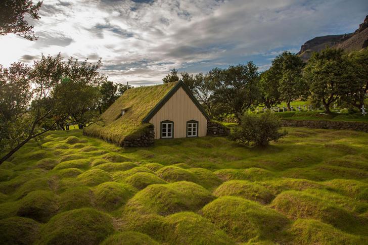 Amazing church in Iceland. It's made from wood and peat, the humps are very old graves.