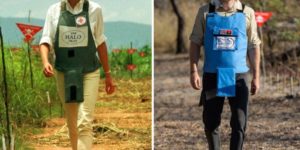 Princess Diana walking through the minefields in Angola in 1997 to draw public attention; Prince Harry walking through them 2019.