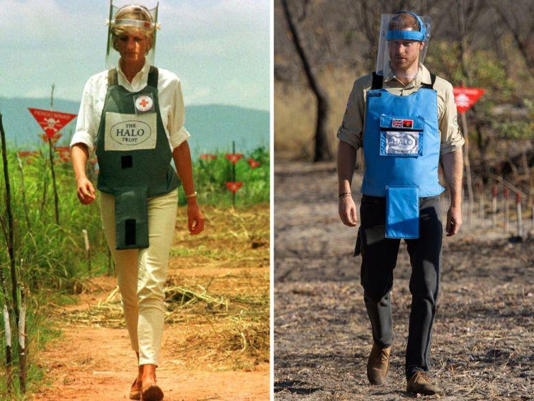 Princess Diana walking through the minefields in Angola in 1997 to draw public attention; Prince Harry walking through them 2019.