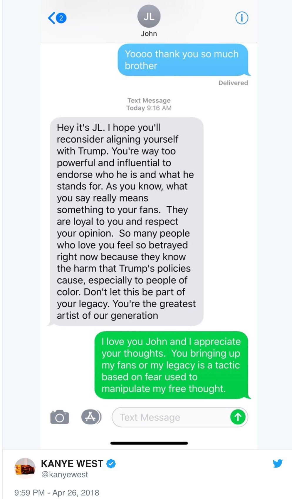Text exchange between Kanye and John Legend.