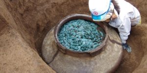 Ceramic Jar Containing Thousands of Bronze Coins Recently Unearthed at a 15th-Century Former Samurai’s Residence