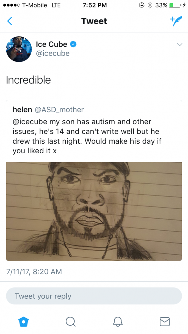 Autistic teen draws Ice Cube