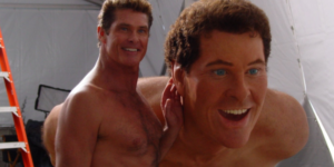 David Hasselhoff posing with his wax stunt double on the set of the SpongeBob movie.
