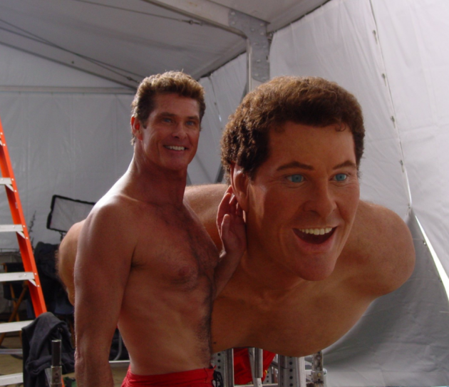 David Hasselhoff posing with his wax stunt double on the set of the SpongeBob movie.