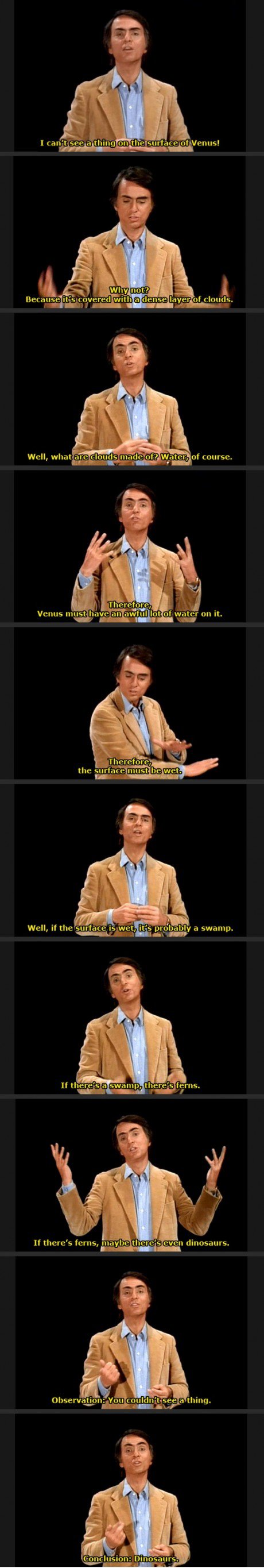 Carl Sagan pointing out the detriment of drawing conclusions believing something without facts.