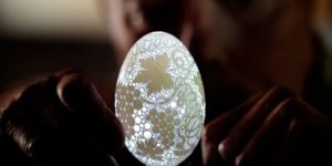 Eggshell with more than 2,000 holes drilled in it, Franc Grom