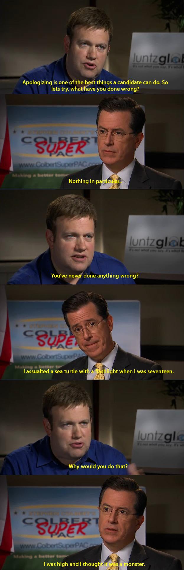 Colbert confesses to his wrongdoings.