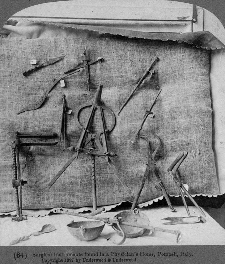 Roman surgical instruments found in a physician's home in Pompeii.