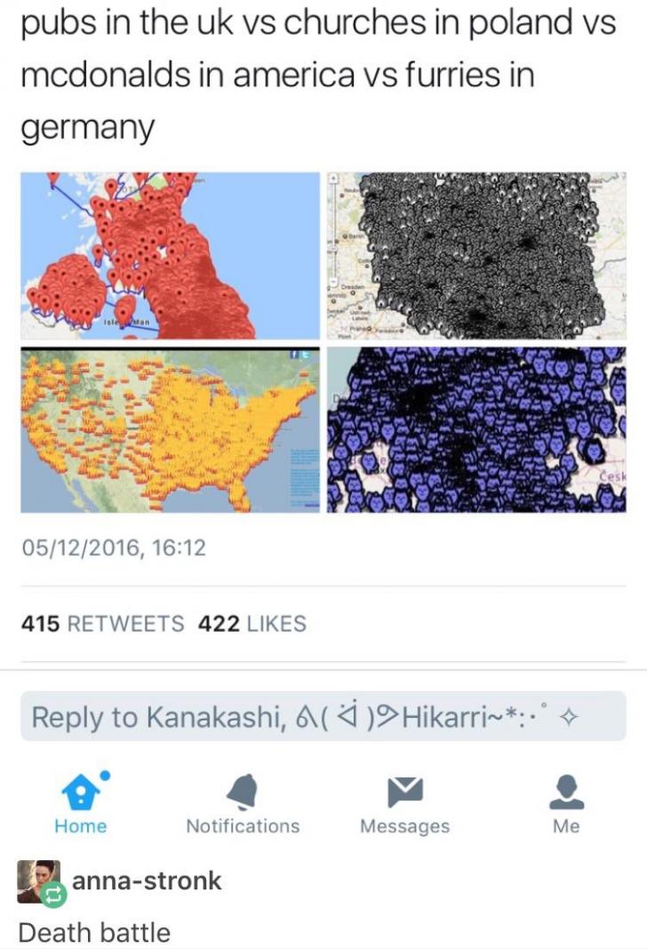 Pubs in the UK vs Churches in Poland vs McDonalds in America vs Furries in Germany. The perfect infograph.