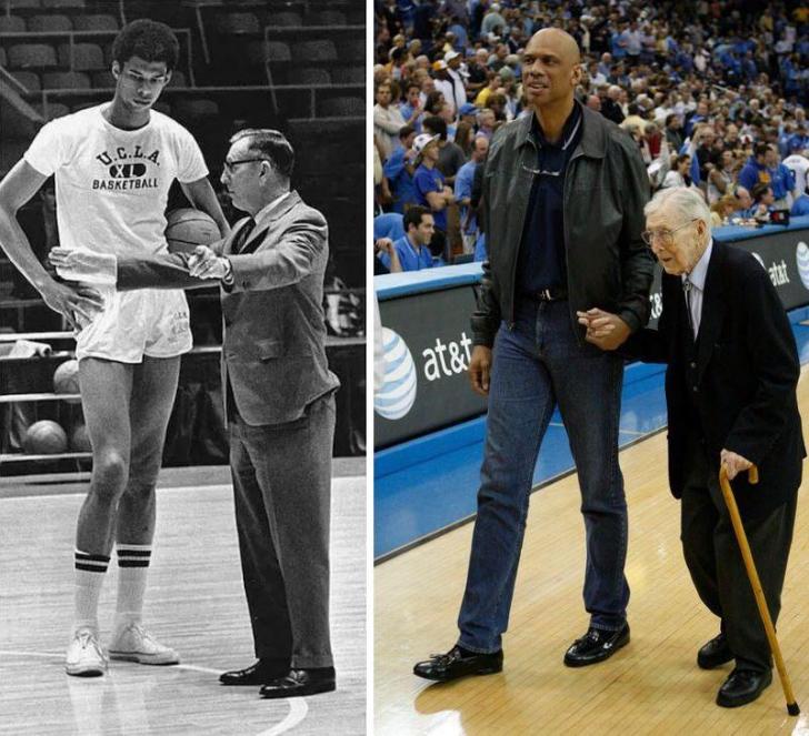 Kareem Abdul-Jabbar with John Wooden then and now.