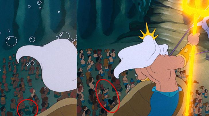 In The Little Mermaid when King Triton is introduced, you can see Mickey, Donald, Goofy and Kermit the Frog in the crowd.