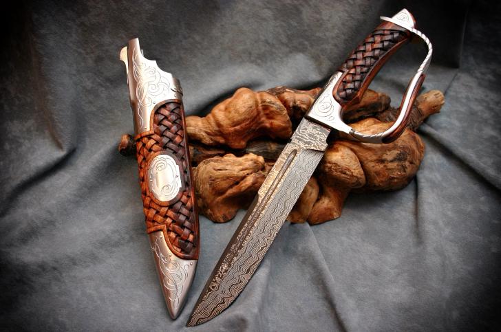Forged Damascus Steel Bowie Knife and Sheath