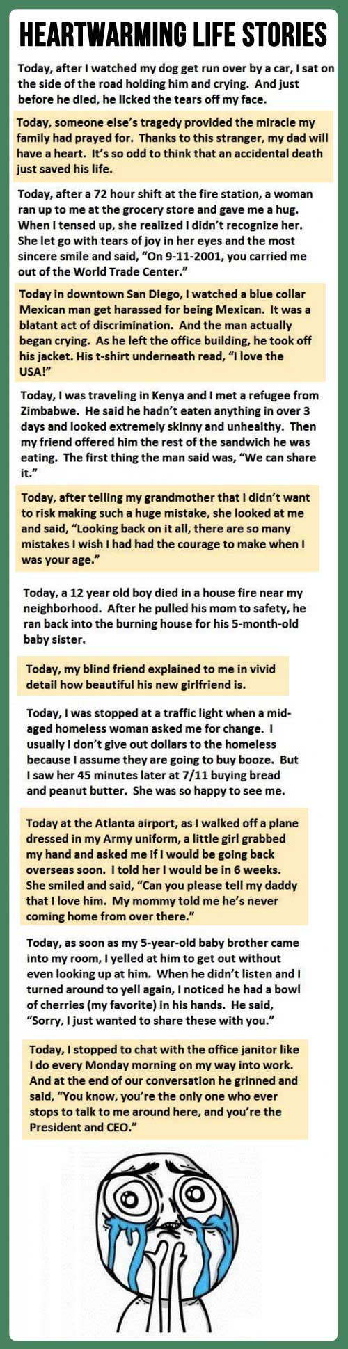 Heartwarming stories.