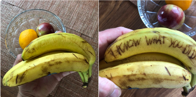 Scratch haunting things into bananas at the market so when people take them home hours later...