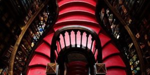 A staircase inside of a bookstore in Portugal.