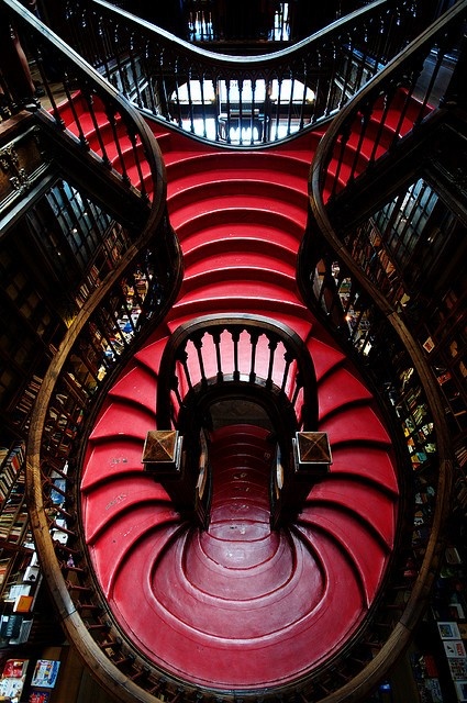 A staircase inside of a bookstore in Portugal.
