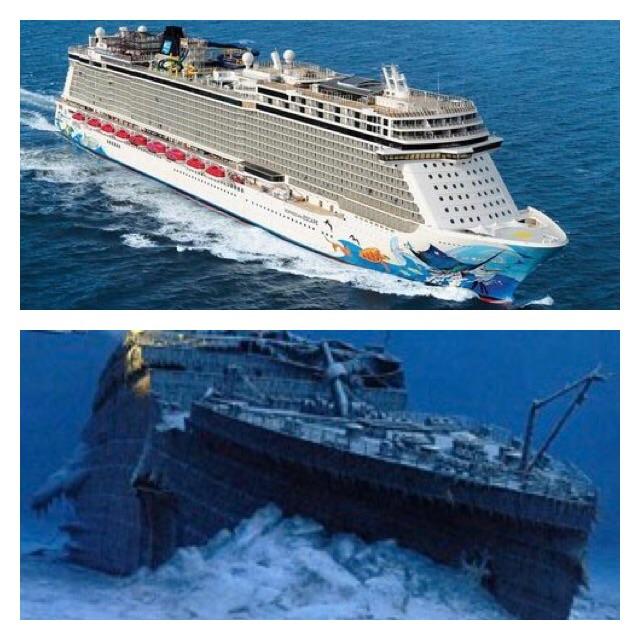 The Titanic compared to a modern day cruise ship.