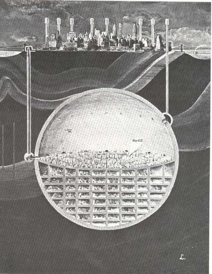 Oscar Newman's Idea of A Nukeproof Underground City Beneath Manhattan. 1969