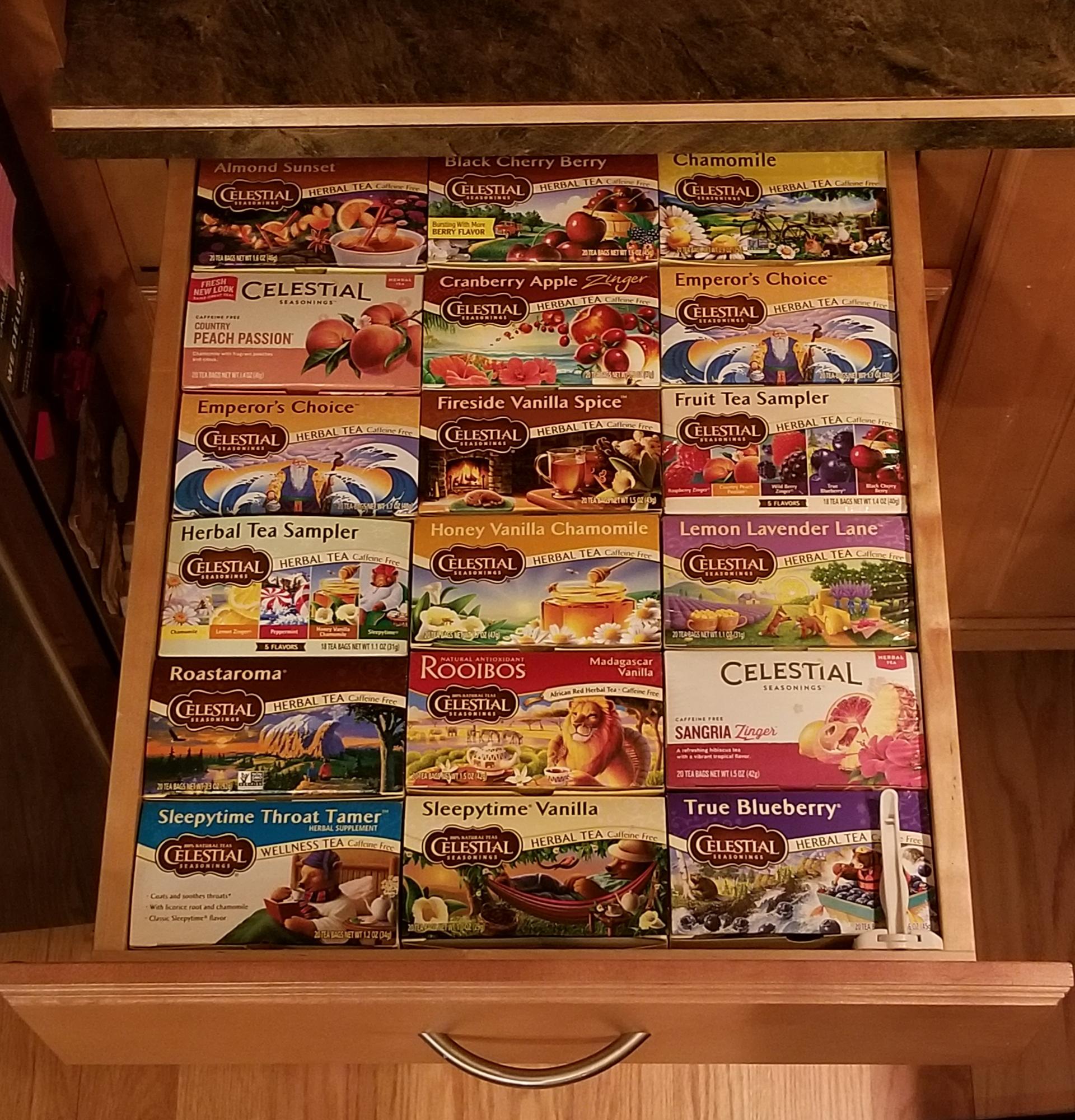 Incredibly satisfying drawer of teas'.