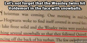 Hitting Voldemort with snowballs.