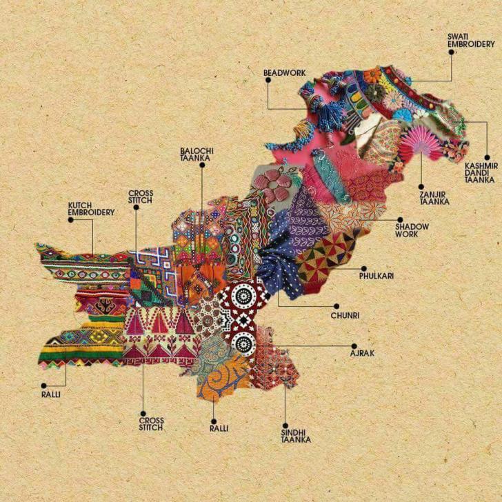 A map of Pakistan showing the embroidery techniques of its regions.