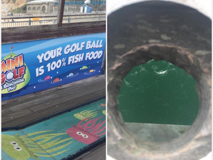 The golf balls at the mini golf on this pier are biodegradable and fall into the sea at the 18th hole