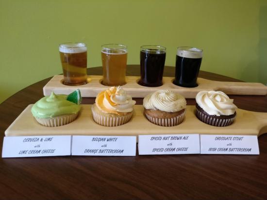 A flight of cupcakes I made for a friend’s 30th birthday at a brewery. The beer is in each cupcake’s batter.