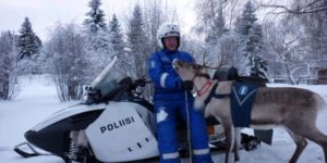 This is a Finnish police with his police reindeer.