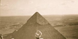 A Zeppelin flying above the Pyramids of Giza in Egypt, 1931