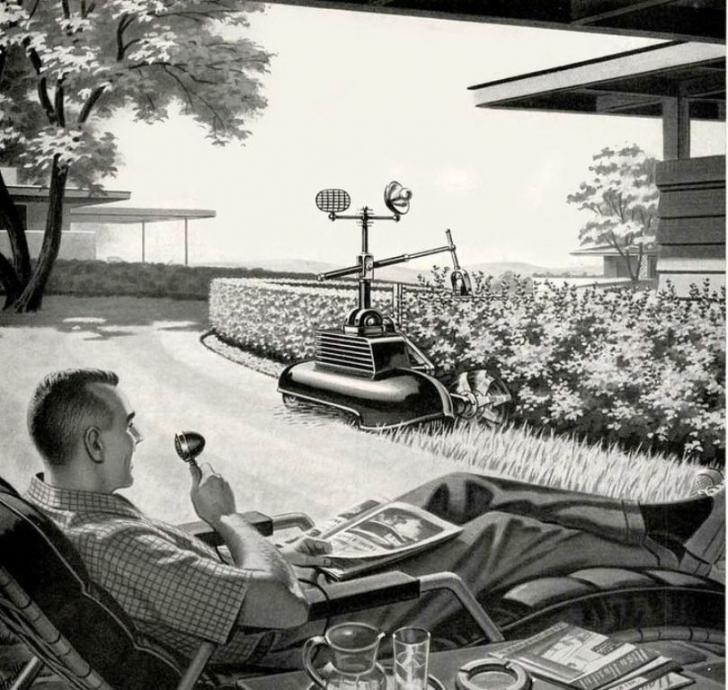 Future suburbanite gives directions to his lawn robot, 1958