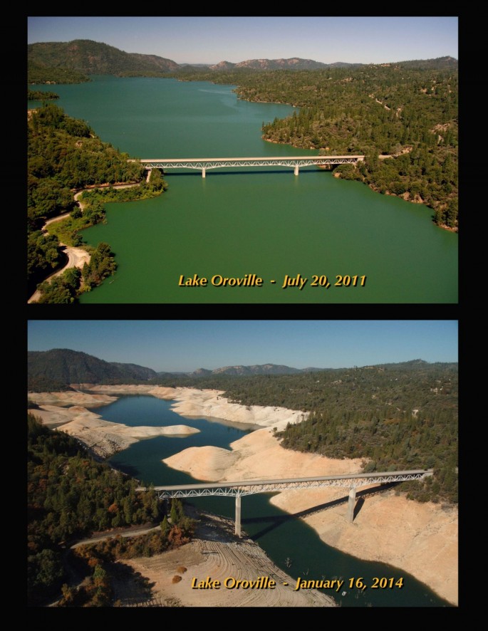 Before/After Picture showing California Lake affected by drought