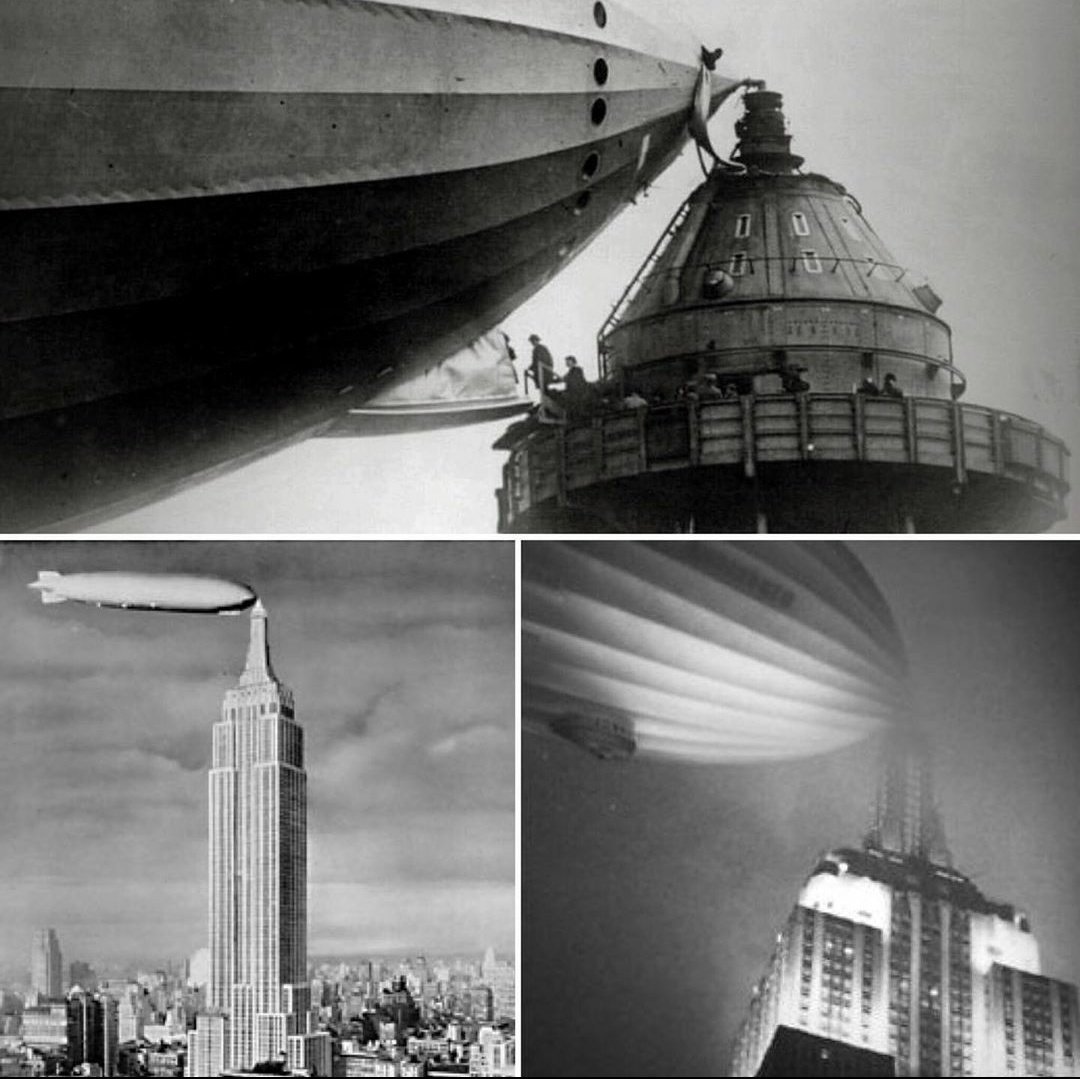 Boarding a zeppelin from the top of the Empire State building. The future was yesteryear...