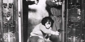 The employees at Cleveland Trust Bank Co. being trained to defend the bank vault, circa 1924.