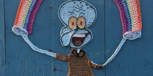 It’s crocheted Squidward graffiti in Atlanta, for some reason.