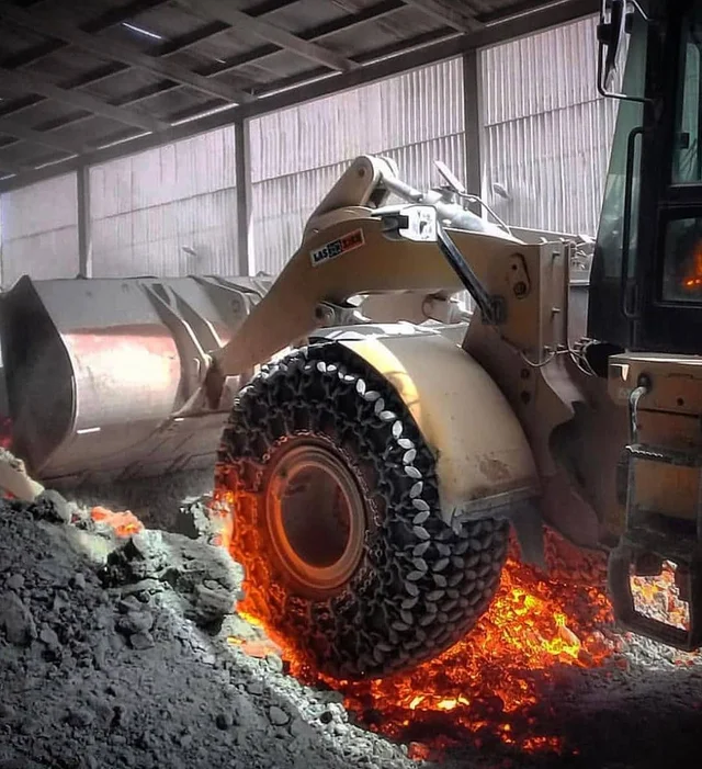These are specialized chain tires that can be used in extreme heat of steel mills