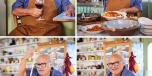 Danny Devito making pasta and drinking a nice Chianti.