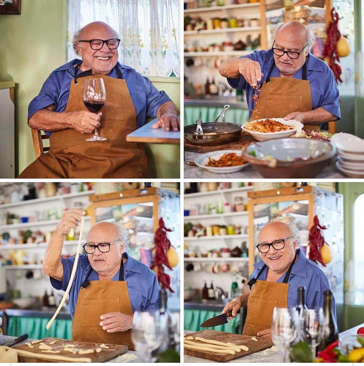 Danny Devito making pasta and drinking a nice Chianti.