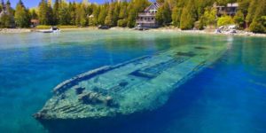 Beautiful, but spooky, sunken ship in shallow water. Lake Huron, Gray’s Peninsula Ontario