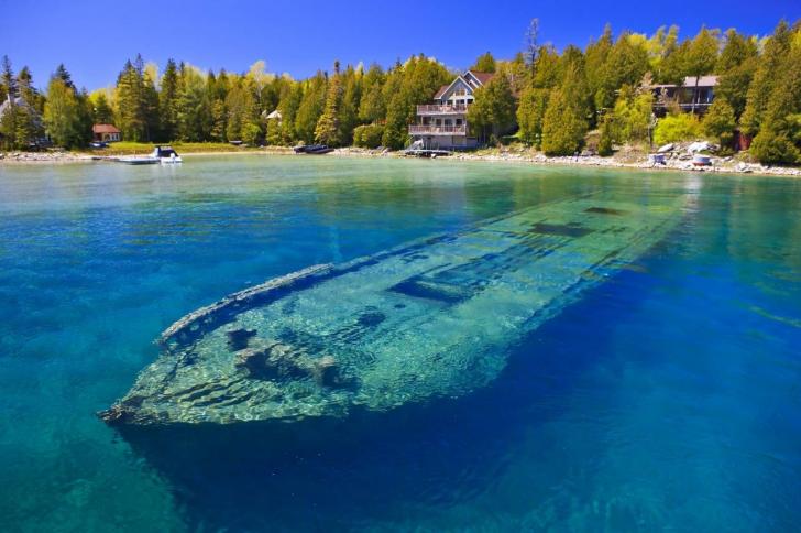 Beautiful, but spooky, sunken ship in shallow water. Lake Huron, Gray's Peninsula Ontario