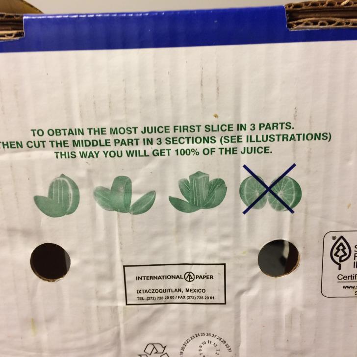 This box of limes recommends a different way of cutting fruit.