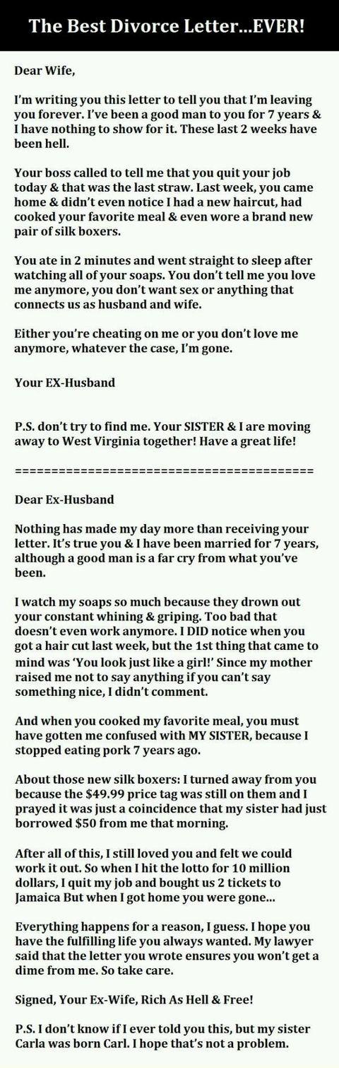 Now that's the best divorce letter ever