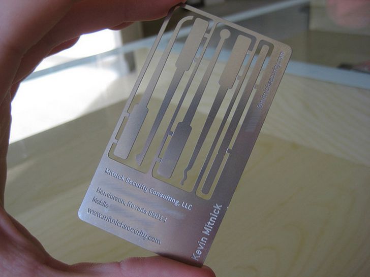 Legendary computer hacker Kevin Mitnick's business card is actually a lock picking set.