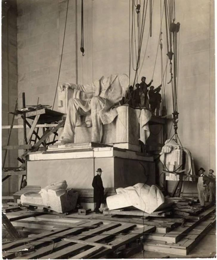 The installation of the statue at the Lincoln Memorial in 1920. The marble figure was originally slated to be only 10 feet high; however, they nearly doubled it to 19 feet to better reflect President Lincoln's contribution to our nation.