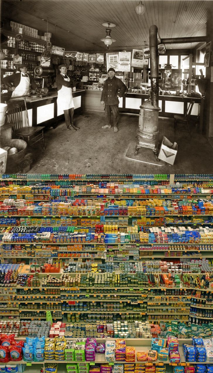 Grocery stores 91 years apart.