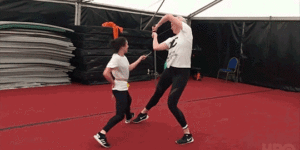 Maisie Williams and Gwendoline Christie rehearsing for their fight.