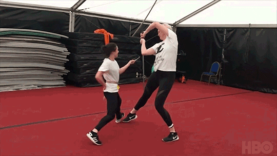 Maisie Williams and Gwendoline Christie rehearsing for their fight.
