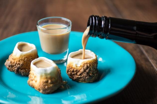 Toasted marshmallow shot glasses with Baileys.