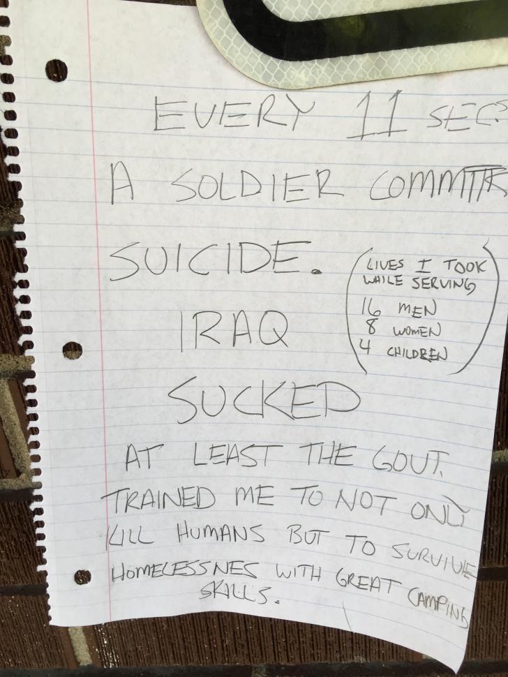 Really sad letter a homeless veteran left at the park.