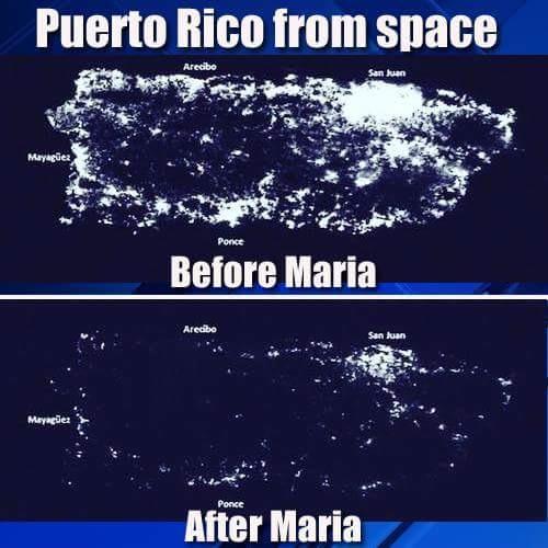 Nighttime photo from NOAA showing Puerto Rico before and after Hurricane Maria