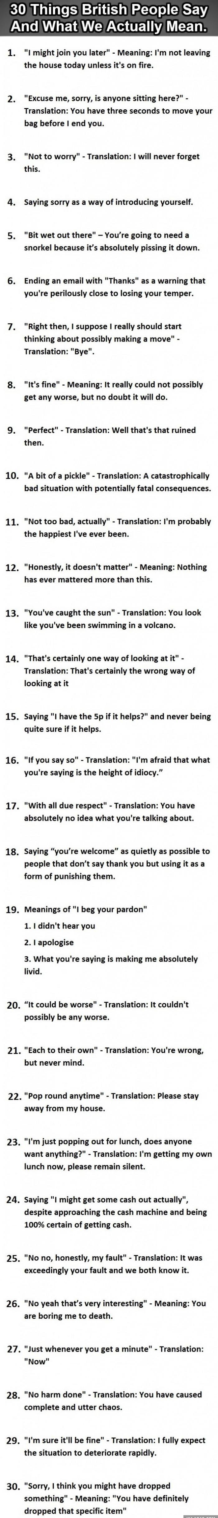 Things British people say and what they actually mean.
